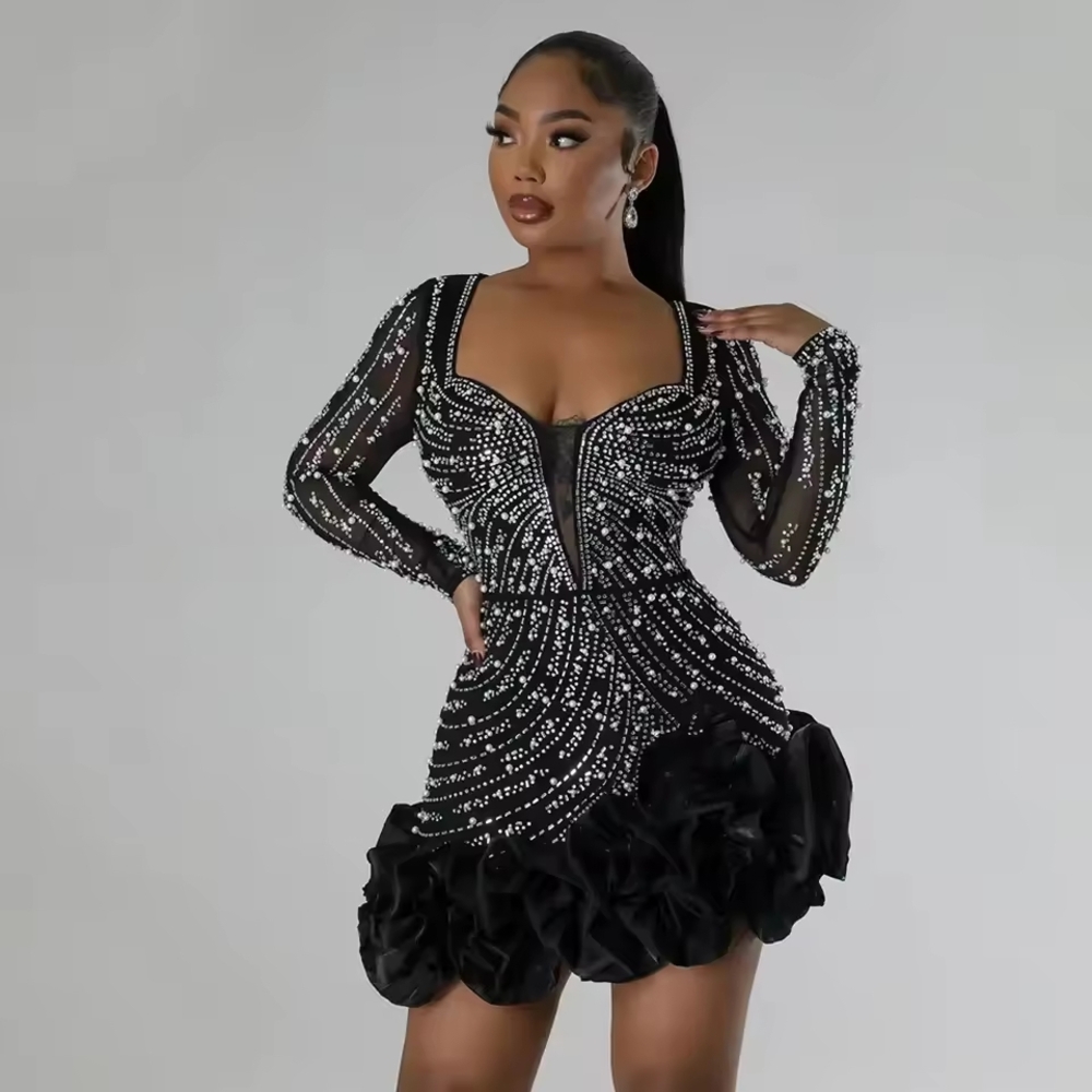 Black Beaded Long-Sleeve Mini Dress with Ruffled Hem